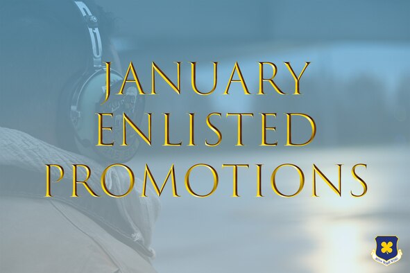 Photo of Airman looking at jet with the words "January Enlisted Promotions" overlaid.