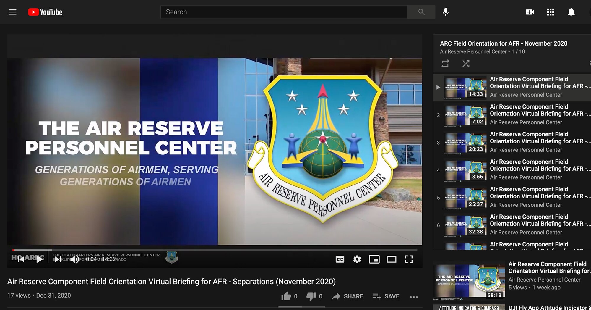 Screenshot of the YouTube playlist of Air Reserve Component field orientation videos published in December 2020. (U.S. Air Force image by Headquarters Air Reserve Personnel Public Affairs/Released)