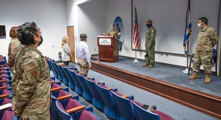 Maj. Neil Copeland ( center ), a Flight Surgeon assigned to the 130th Airlift Wing, speaks during an Employer Support of The Guard and Reserve’s (ESGR) Patriot Award ceremony held Jan. 8, 2021, at McLaughlin Air National Guard Base, Charleston, West Virginia.  The Patriot Award recognizes supervisors and bosses nominated by a Guardsman or Reservist employee for the support provided directly to the nominator. ( U.S. Air National Guard photo by Master Sgt. Eugene Crist )