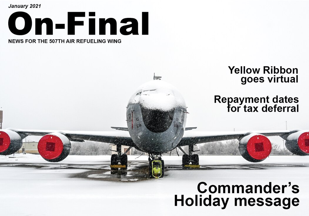 A KC-135 Stratotanker sits on the ramp during a snow storm Dec. 13, 2020, at Tinker Air Force Base, Oklahoma. (U.S. Air Force graphic by Senior Airman Mary Begy)