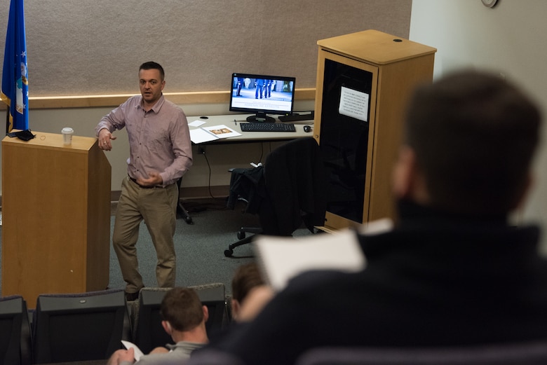 Dr. Justin Baker, Ohio State University Department of Psychiatry & Behavioral Health assistant professor of research, trains Airmen at Whiteman Air Force Base, Missouri, Dec. 16, 2020. The Airman’s Edge program allows for a peer-to-peer mentorship in suicide prevention efforts and aims to strengthen social connectedness and unit cohesion. (U.S. Air Force photo by Airman 1st Class Christina Carter)