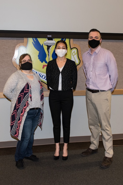 Tina Shelnut, Ohio State University Airman’s Edge research associate, AnnaBelle Bryan, Ohio State University director and clinical research manager, and Dr. Justin Baker, Ohio State University Department of Psychiatry & Behavioral Health assistant professor of research, stand for photo at Whiteman Air Force Base, Missouri, Dec. 16, 2020. Airman’s Edge helps Airmen by teaching several emotion regulation and cognitive flexibility skills including relaxation, mindfulness, cognitive reappraisal, and sleep behaviors. (U.S. Air Force photo by Airman 1st Class Christina Carter)