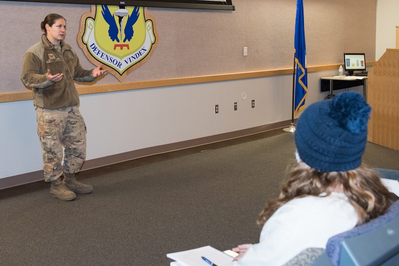 U.S. Air Force Tech. Sgt. Jessica Tharp, 509th Maintenance Squadron propulsion noncommissioned officer in charge, talks about her experience in the Airman’s Edge program at Whiteman Air Force Base, Missouri, Dec. 16, 2020. Airman’s Edge is a peer-to-peer mentoring program that is facilitated by Airman for Airman. (U.S. Air Force photo by Airman 1st Class Christina Carter)