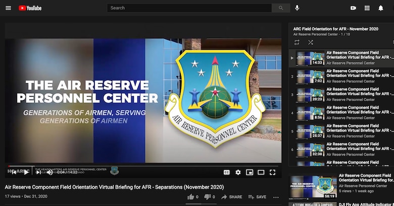 Screenshot of the YouTube playlist of Air Reserve Component field orientation videos published in December 2020. (U.S. Air Force image by Headquarters Air Reserve Personnel Public Affairs/Released)