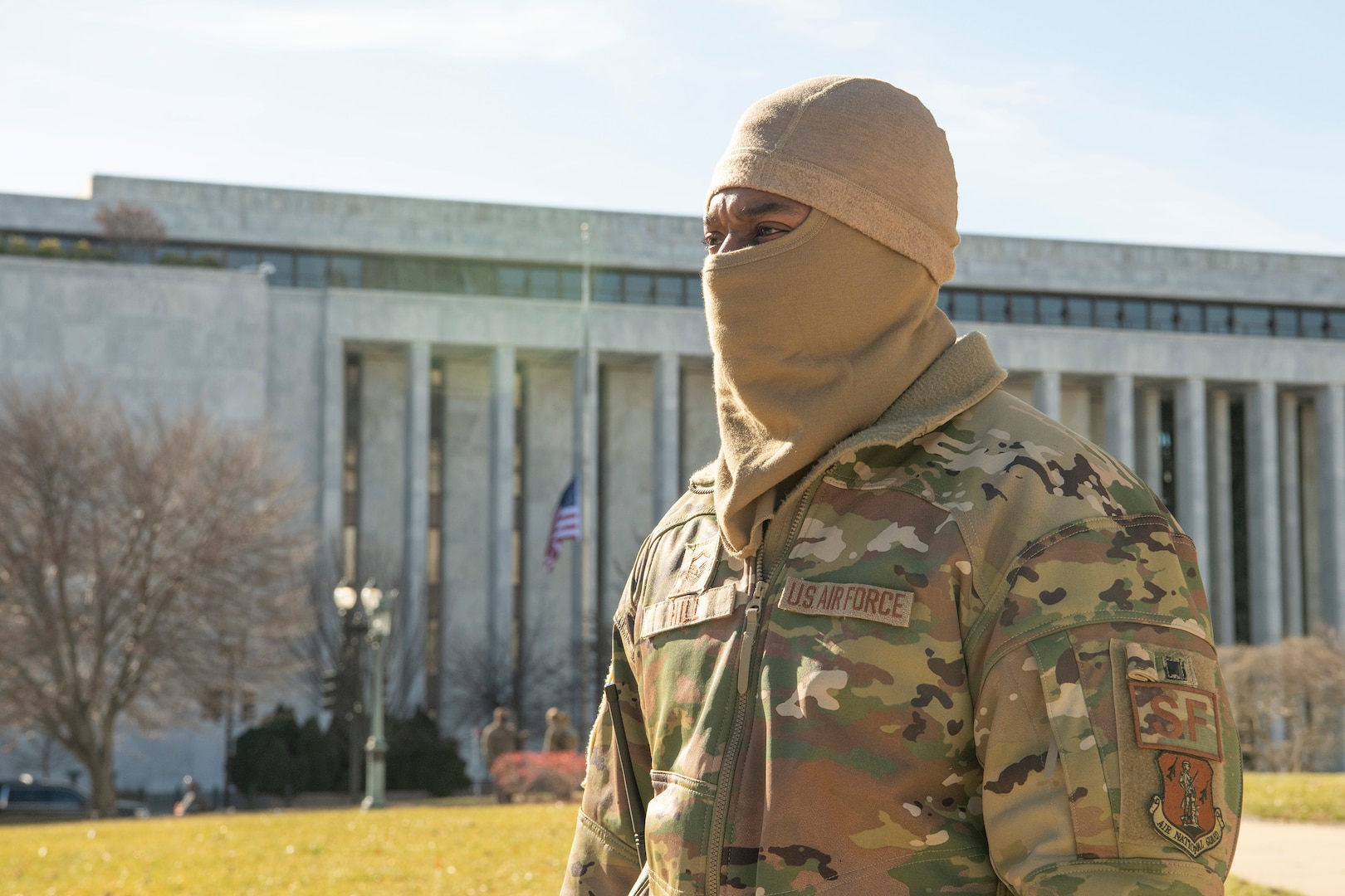 Virginia Air National Guard Master Sgt. Alfred Hill, 192nd Security Forces Squadron, 192nd Wing stands guard at his post Jan. 9, 2021,  in Washington, D.C. National Guard Soldiers and Airmen from several states have traveled to the National Capital Region to provide support to federal and district authorities leading up to the 59th Presidential Inauguration. (U.S. Air National Guard photo by Tech. Sgt. Lucretia Cunningham)