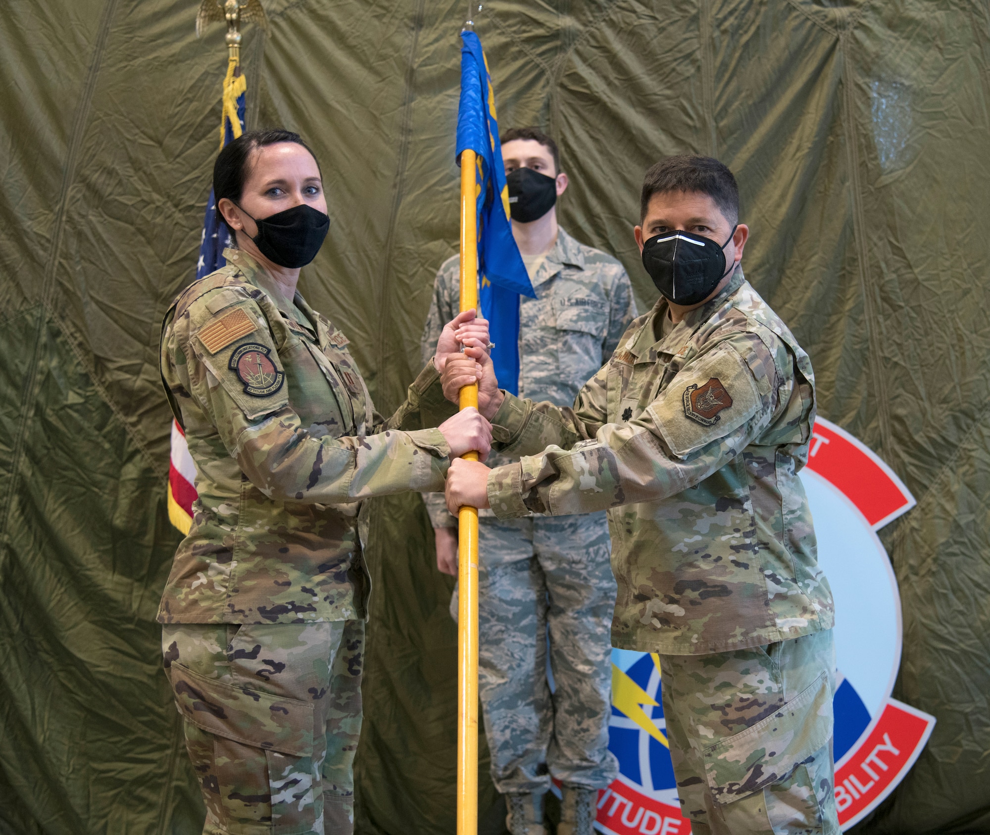 Capt. Cortney Tremer, 403rd Communications Flight commander, addressed the room after her assumption of command at the 41st Aerial Port Squadron here January 9, 2021. Tremer said she looked forward to working with the flight in this new role. (U.S. Air Force photo by Senior Airman Kristen Pittman)