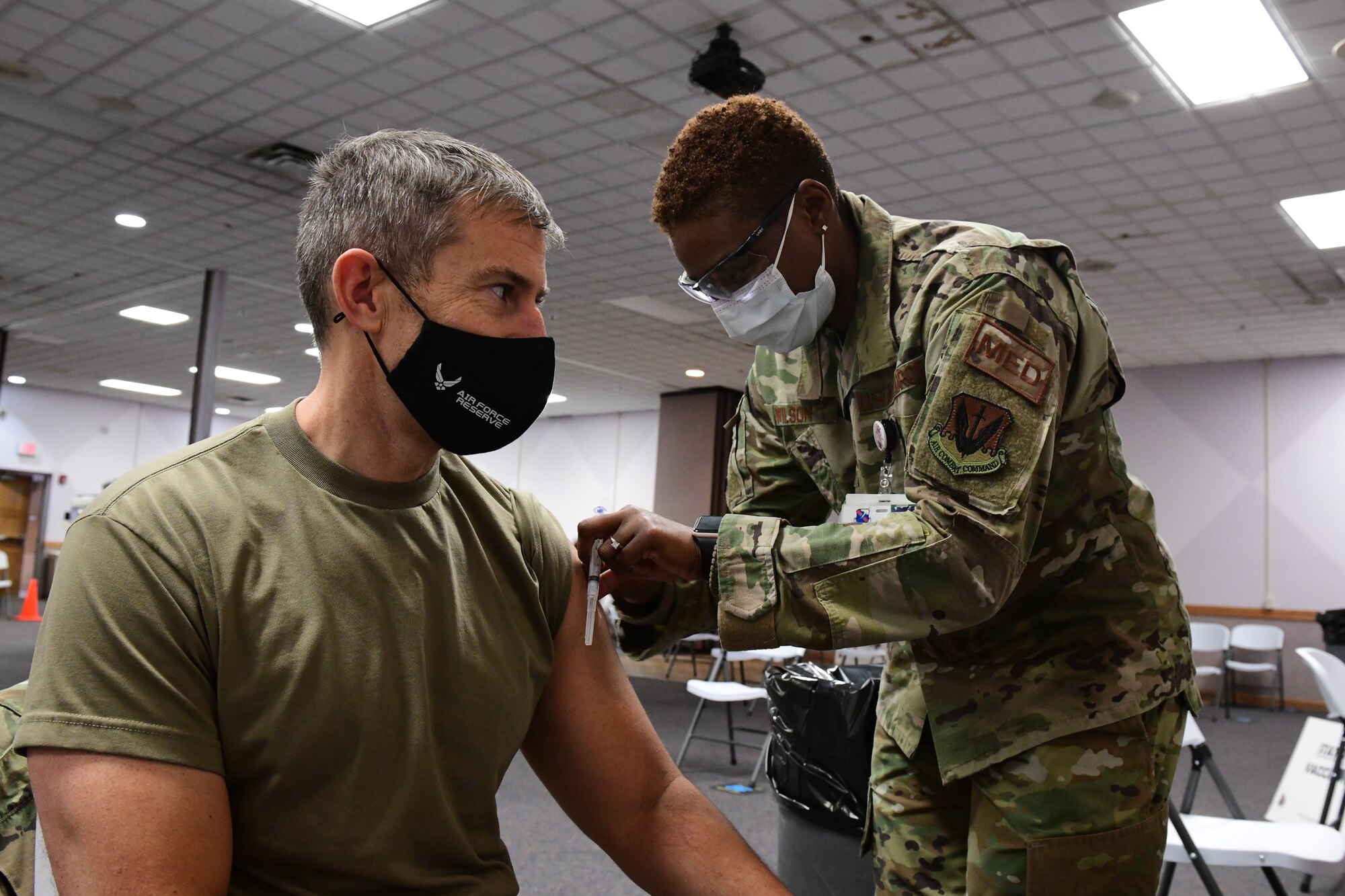Col. Sean Carpenter, 926th Wing commander, received his COVID-19 vaccine during the Unit Training Assembly, Jan. 9, at Nellis Air Force Base, Nevada. (U.S. Air Force Photo by Staff Sgt. Lorna Booze)