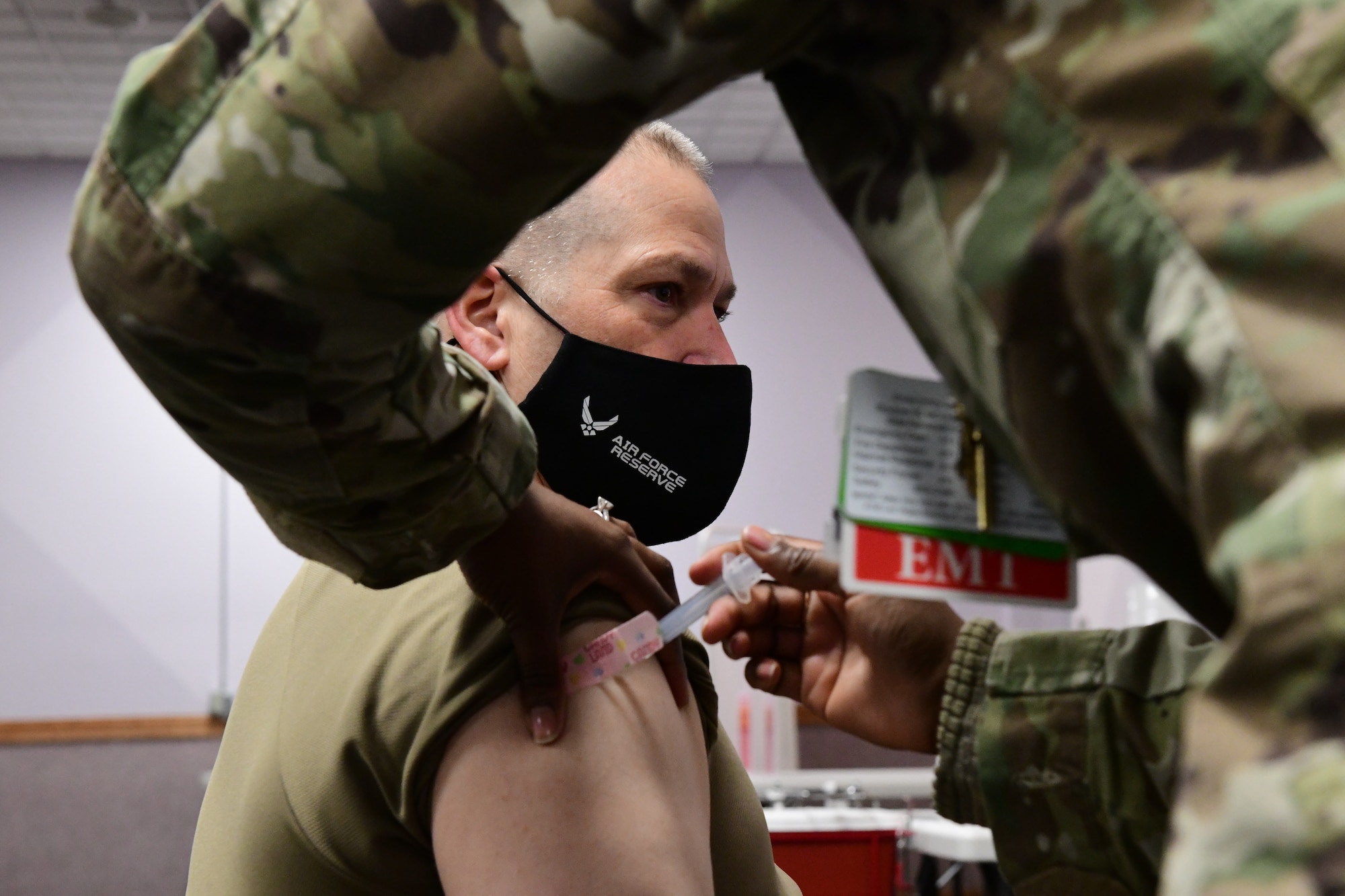 Chief Master Sgt. Jeffery Scott, 926th Wing command chief, received his COVID-19 vaccine during the Unit Training Assembly, Jan. 9, at Nellis Air Force Base, Nevada. (U.S. Air Force Photo by Staff Sgt. Lorna Booze)
