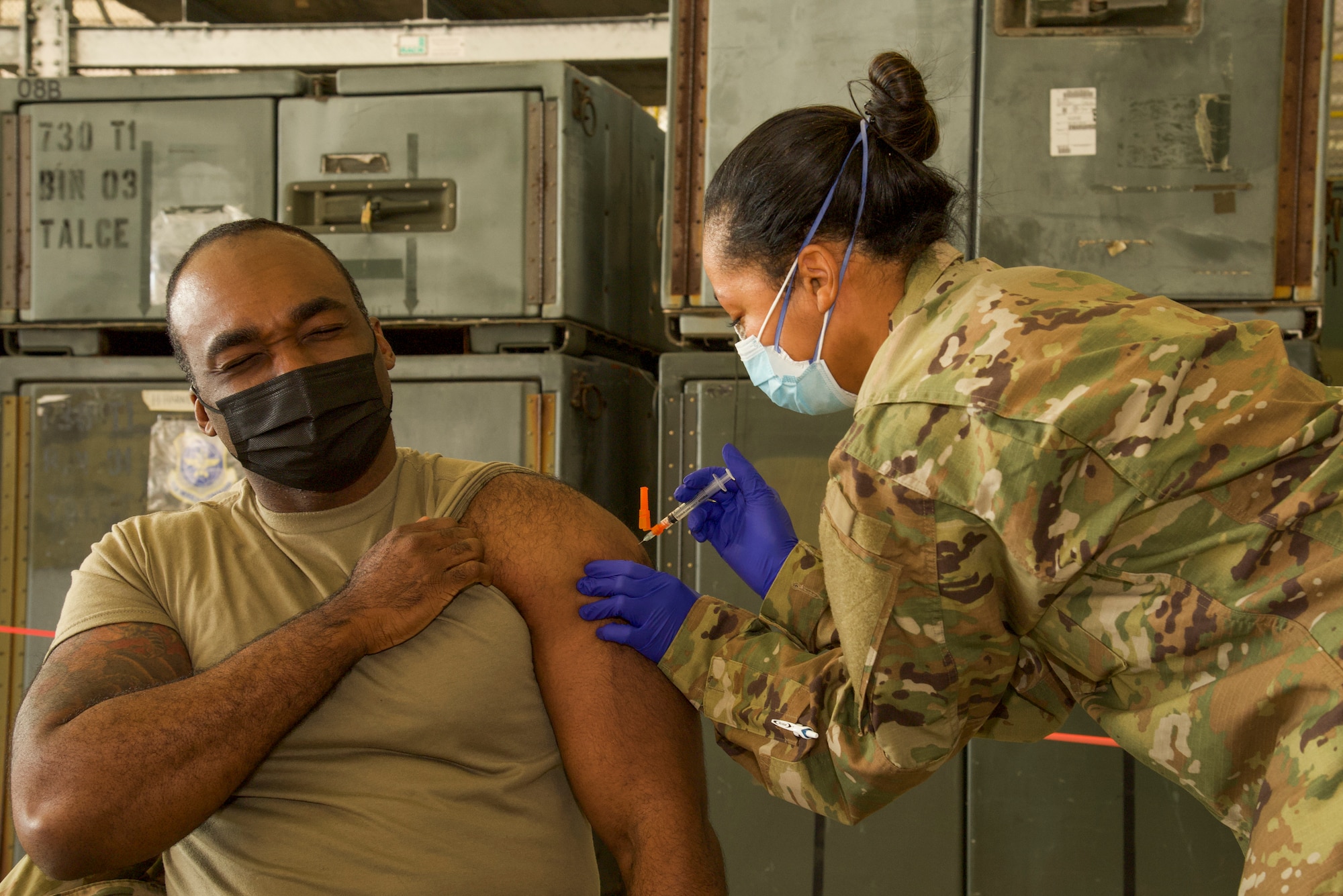 A 108th Wing Airman receives a dose of the COVID-19 vaccination at Joint Base McGuire-Dix-Lakehurst, N.J., Jan. 9, 2021. This was the first time the 108th Wing administered the COVID-19 vaccines to wing members.