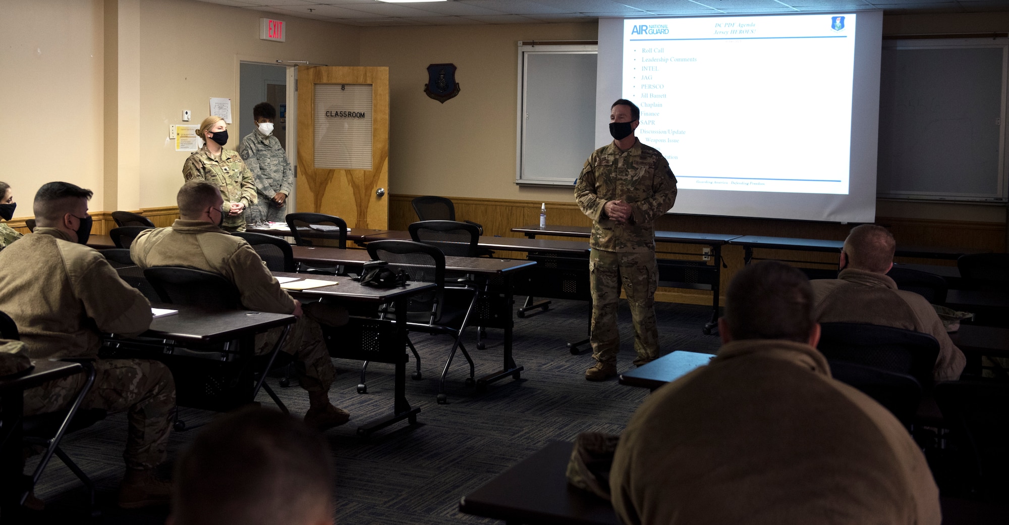 Col. John M. Cosgrove, the commander of the 108th Wing, address Guardsmen Jan. 9, 2021, at Joint Base McGuire-Dix-Lakehurst, N.J., prior to their departure to the National Capital Region. National Guard Soldiers and Airmen from several states have traveled to the NCR to provide civil disturbance support to federal and district authorities.