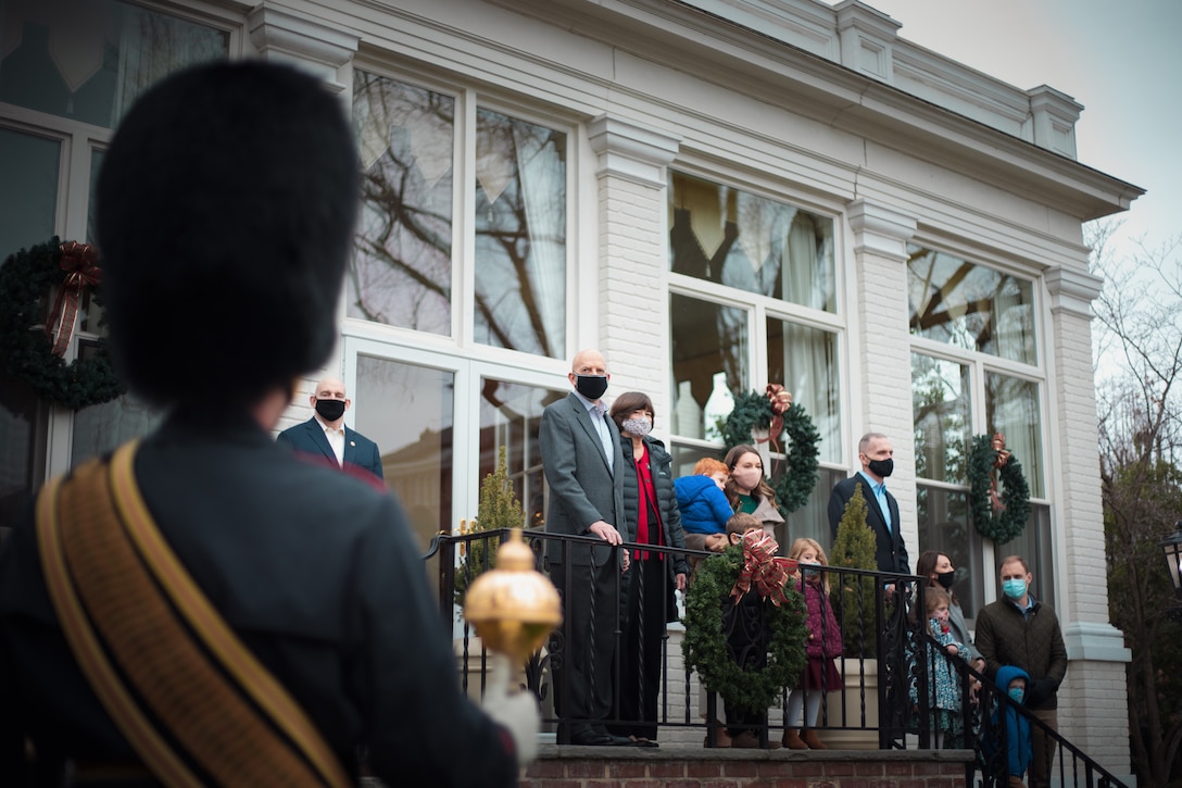 It's an annual tradition for the Marine Band to "surprise" the Commandant of the Marine Corps with a New Year's Day serenade at his home at Marine Barracks Washington.

The tradition continued on Jan. 1, 2021, with 38th Commandant General David H. Berger, Sergeant Major Troy E. Black, and family guests in attendance. Music by a brass quintet and a brief reception with hot cocoa and homemade cookies afterward was an excellent way to kick off a new year!

(U.S. Marine Corps photos by Staff Sgt. Christian Thesken/released)
