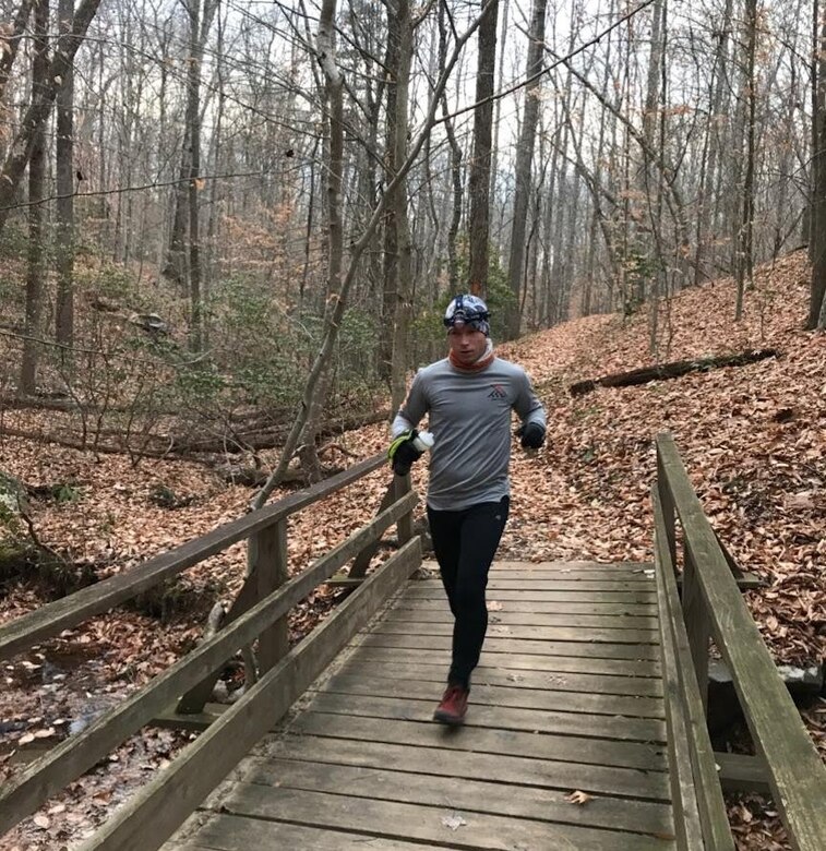 Lt. Col. Jeff Klein runs in Prince William Forest Park, Virginia.