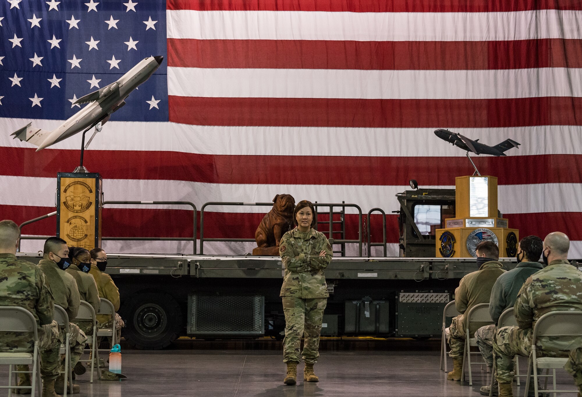 Chief Master Sgt. of the Air Force JoAnne S. Bass speaks to approximately 75 junior Airmen and answered questions during a 436th and 512th Maintenance Group all-call held in the 436th Aerial Port Squadron Jan. 8, 2021, on Dover Air Force Base, Delaware. The office of the Chief Master Sergeant of the Air Force represents the highest enlisted level of leadership, provides direction for the enlisted corps and represents their interests to the American public and all levels of government. Dover is home to nearly 11,000 total force Airmen supporting 20% of the nation’s strategic airlift capability. (U.S. Air Force photo by Roland Balik)