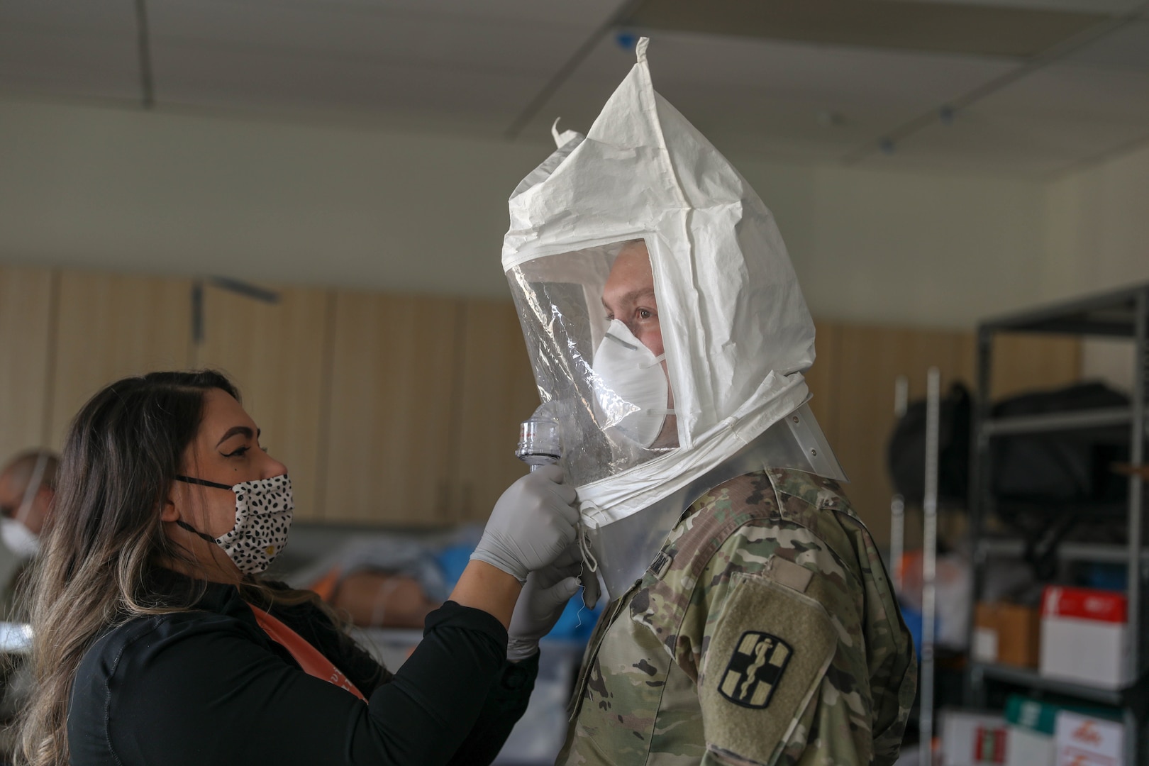 A U.S. Army medical provider from Fort Carson, Colorado, is fit-tested for his personal protective equipment at the Riverside University Healthcare System in Riverside, California, Jan. 7, 2021