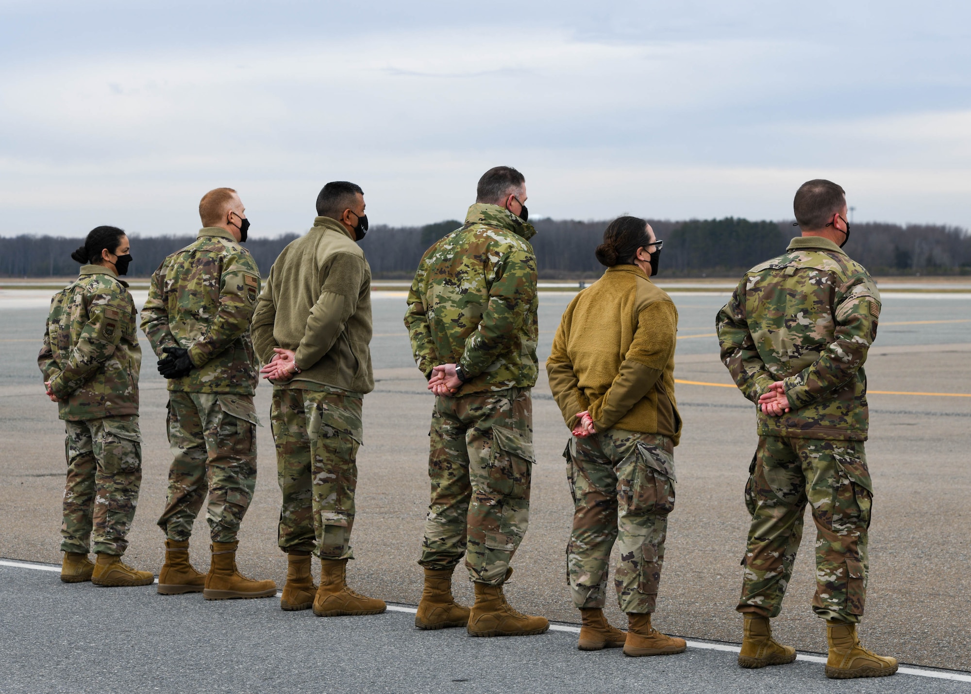 Dover Air Force Base senior leaders prepare for the departure of Chief Master Sgt. of the Air Force JoAnne S. Bass Jan. 8, 2021, on Dover AFB, Delaware. This marked Bass’ first official visit to Dover AFB since she assumed her position as the 19th Chief Master Sergeant of the Air Force on Aug. 14, 2020. (U.S. Air Force photo by Airman 1st Class Stephani Barge)