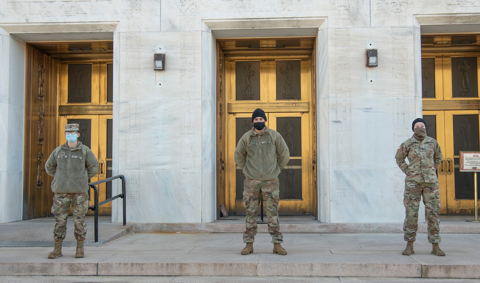 Virginia National Guard Soldiers assigned to the 229th Military Police Company, 529th Combat Sustainment Support Battalion, 329th Regional Support Group, stand guard at their post Jan. 9, 202, in Washington, D.C. National Guard Soldiers and Airmen from several states have traveled to the National Capital Region to support federal and D.C. authorities leading up to the 59th Presidential Inauguration.