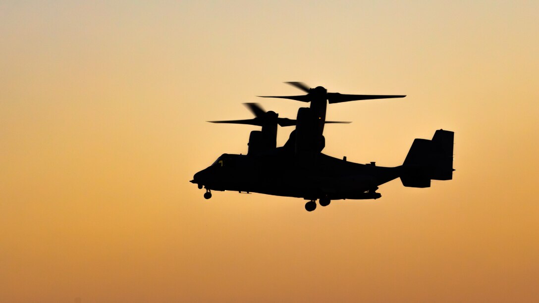 An MV-22B Osprey comes in for a landing at the flight line at Camp Soumagahara, Japan, Dec. 3.