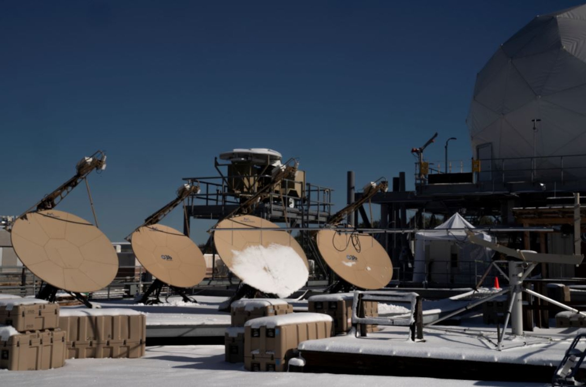 AvL MEO tracking antennas, provided by SES are shown operating at MIT Lincoln Laboratory in support of the PTW O3b test. (Photo courtesy of MIT Lincoln Laboratory)