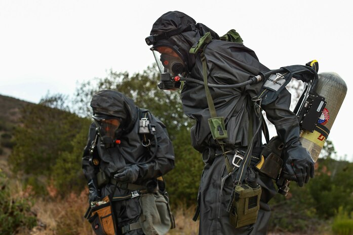 U.S. Marines participate in a Chemical, Biological, Radiological, and Nuclear Defense response on Marine Corps Air Station Miramar, Calif., Dec. 7.