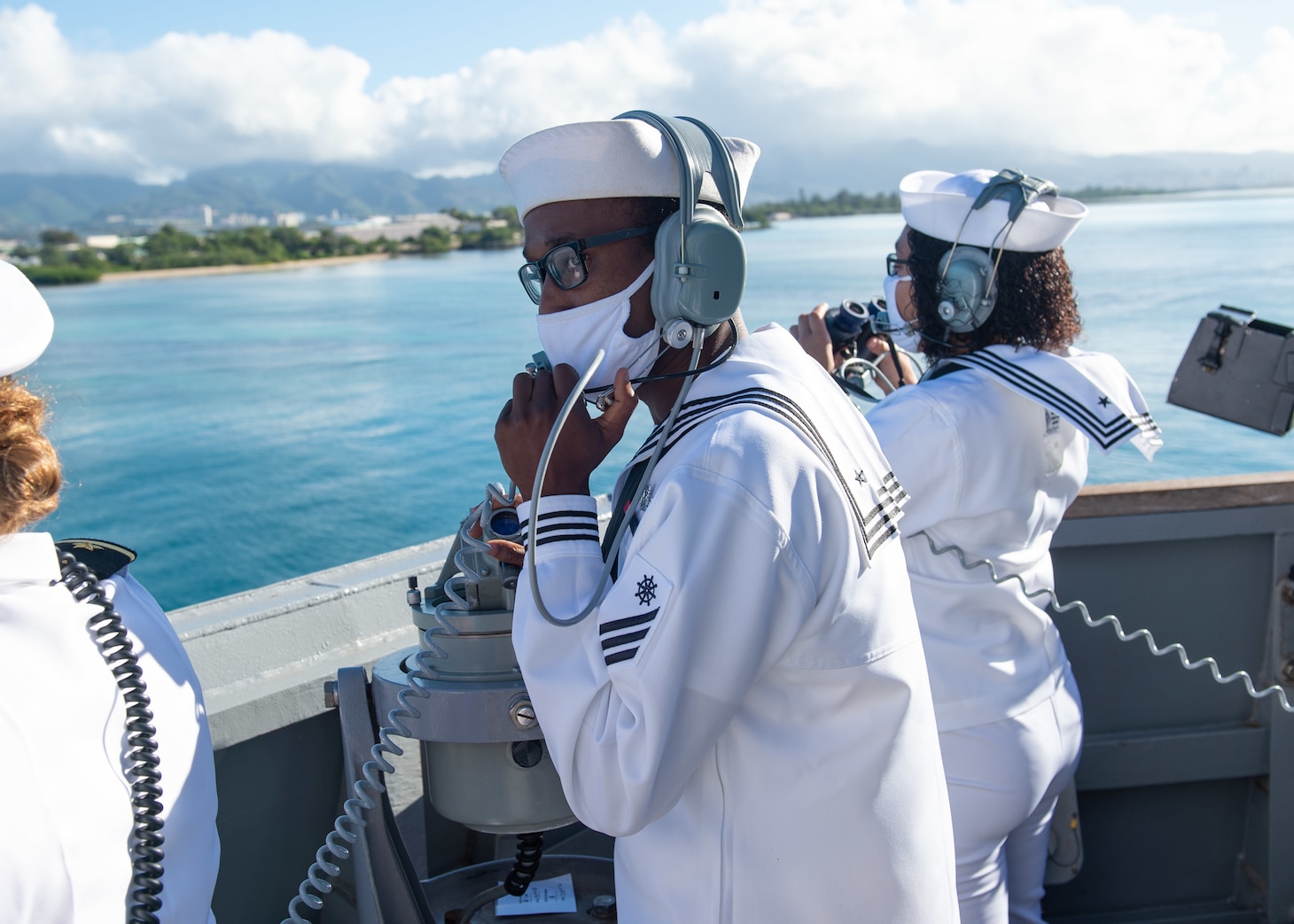 Sailor stands lookout on USS William P. Lawrence