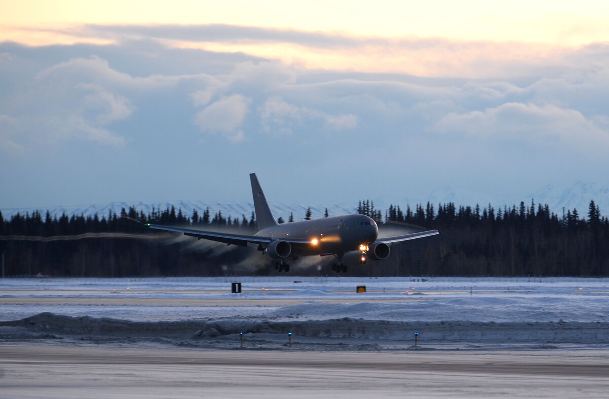 A KC-46A Pegasus, assigned to the 931st Air Refueling Wing (ARW), lands at Eielson Air Force Base, Alaska, Jan. 11, 2020. The KC-46A is visiting Eielson to conduct cold-weather training. (U.S. Air Force photo by Senior Airman Beaux Hebert)