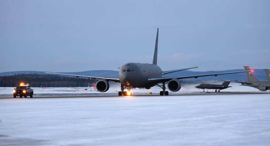 A KC-46A Pegasus, assigned to the 931st Air Refueling Wing (ARW), taxis on the flight line at Eielson Air Force Base, Alaska, Jan. 11, 2020. The mission of the 931st ARW is to support Air Mobility Command’s worldwide air refueling mission, meeting the air refueling needs of all U.S. Air Force, Navy, Marine and selected allied nations’ aircraft. (U.S. Air Force photo by Senior Airman Beaux Hebert)