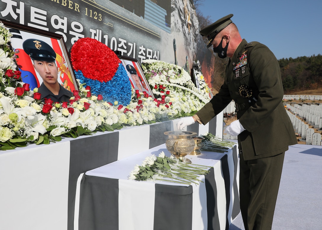 Maj. Gen. Bradley S. James, Commander of Marine Corps Forces - Korea, attended a commemoration ceremony that honored the 10-year anniversary of the bombardment of Yeonpyeong Island at the Daejeon National Cemetery, November 23, 2020. The ceremony included a silent tribute, an offering of flowers, a commemorative speech, and an ode to those who lost their lives.