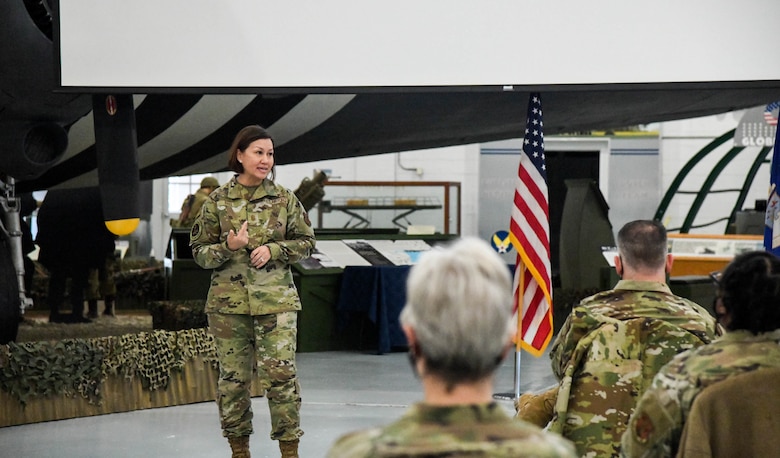 Chief Master Sgt. of the Air Force JoAnne S. Bass addresses members of Dover Air Force Base during a mission brief at the Air Mobility Command Museum, Dover AFB, Del., Jan. 7, 2021. During her visit, Bass emphasized the importance of personal and professional readiness in response to the Air Force’s rapidly evolving strategic landscape. (U.S. Air Force photo by Airman 1st Class Stephani Barge)