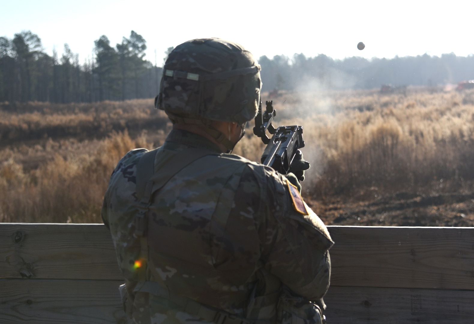 Virginia National Guard Soldiers assigned to the Virginia Beach-based 329th Regional Support Group conduct a familiarization live fire with the M320A1 grenade launcher Dec. 11, 2020, at Fort Pickett, Virginia.