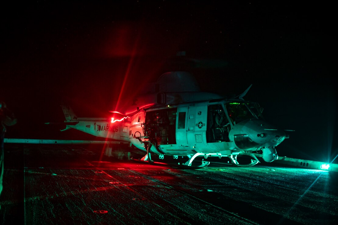 INDIAN OCEAN  – U.S. Marines with Marine Medium Tiltrotor Squadron 164 (Reinforced), 15th Marine Expeditionary Unit arm the ordnance of a UH-1Y Venom in preparation for takeoff from the flight deck of the amphibious transport dock ship USS Somerset (LPD 25). The Makin Island Amphibious Ready Group and the 15th MEU are conducting operations in the U.S. 6th Fleet area of responsibility. (U.S. Marine Corps photo by Lance Cpl. Mackenzie Binion)