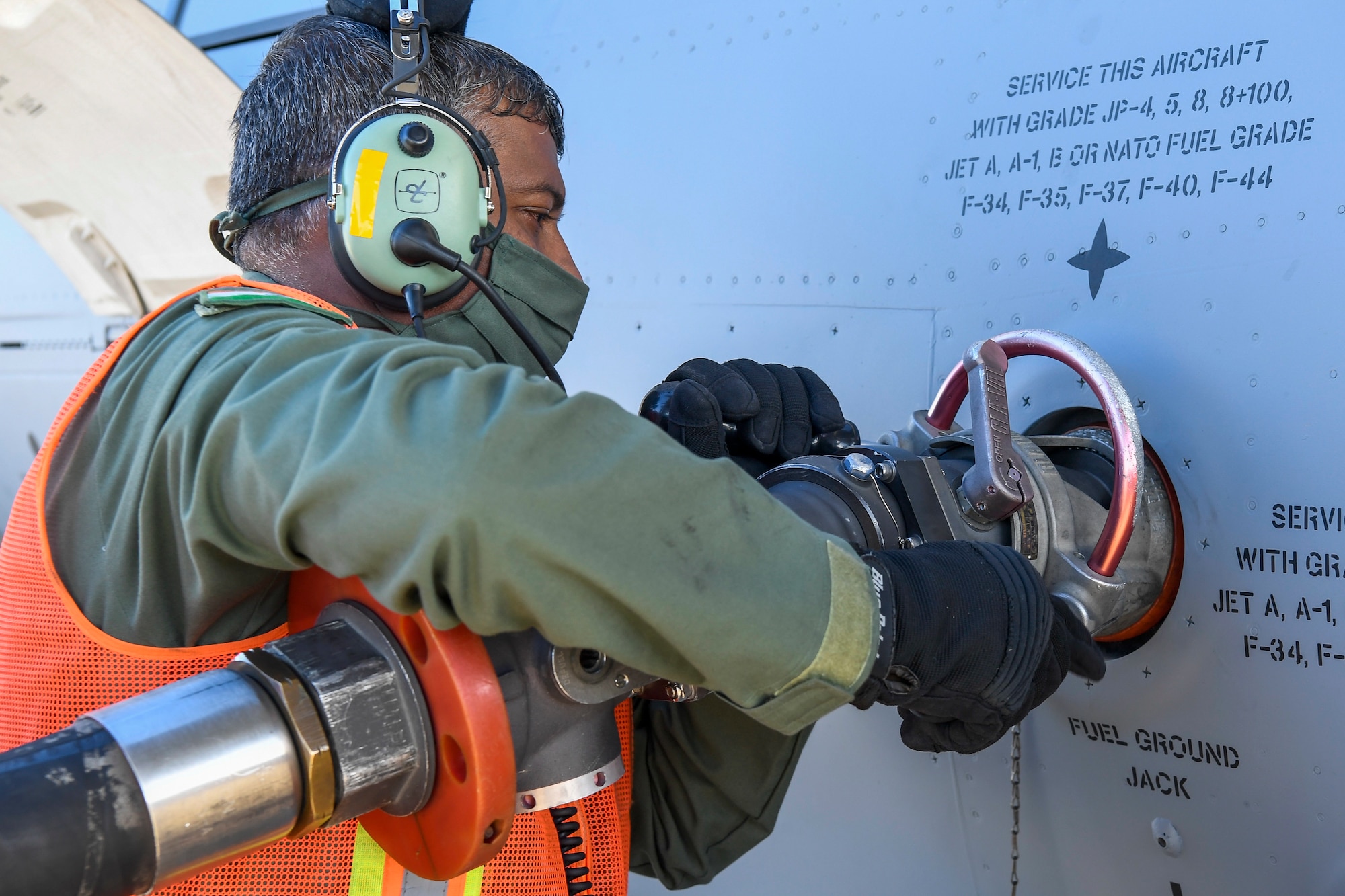 A member of the Indian air force 28th Wing attaches a fuel hose to an Indian air force C-17 Globemaster III at Dover Air Force Base, Delaware, Nov. 20, 2020. Dover AFB annually supports $3.5 billion worth of FMS operations due to its strategic location and 436th Aerial Port Squadron, the largest aerial port in the Department of Defense. The United States and India have shared interests in promoting global security, stability and economic prosperity. (U.S. Air Force photo by Senior Airman Christopher Quail)