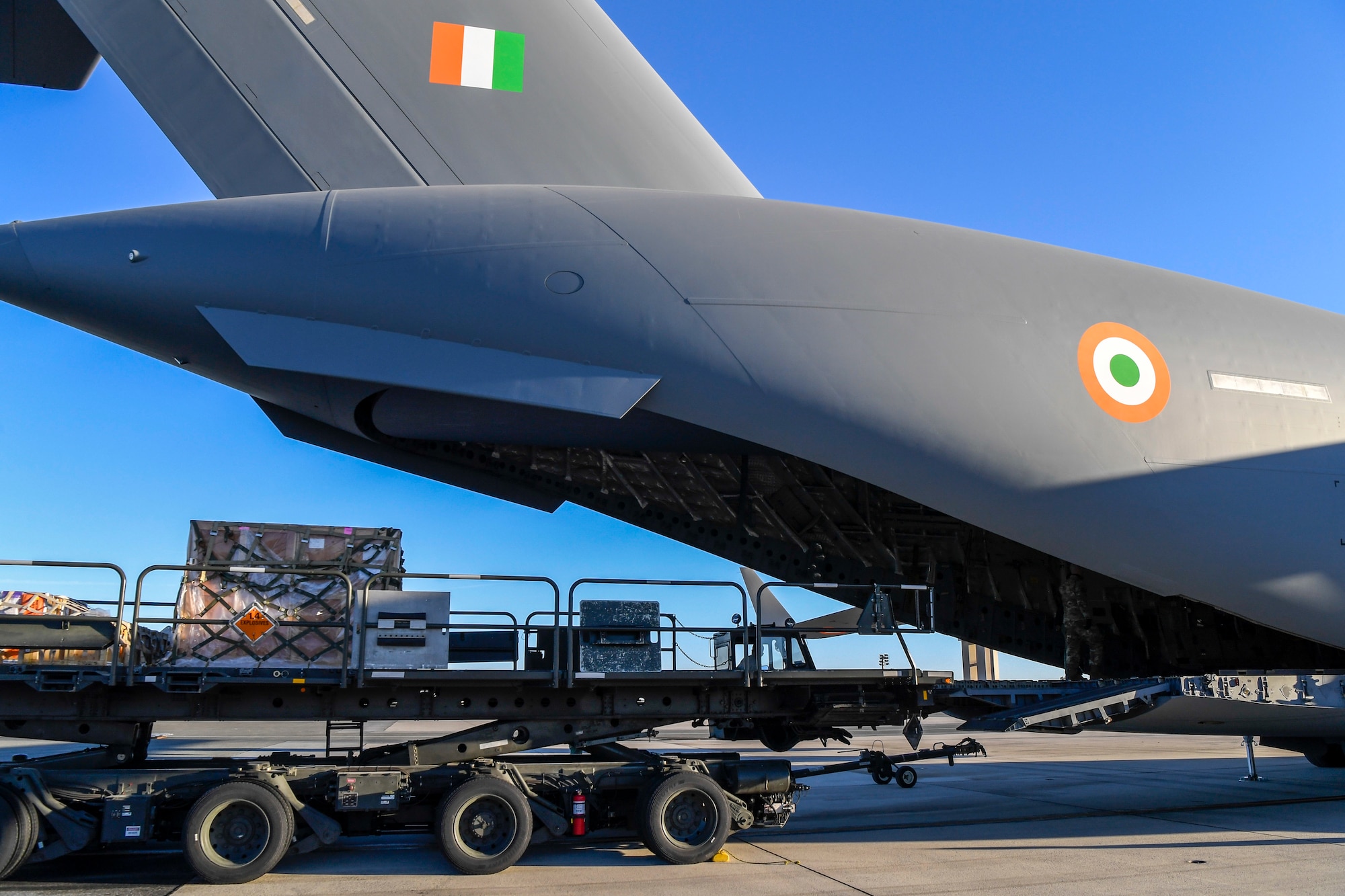 Airmen from the 436th Aerial Port Squadron prepare to load cargo onto an Indian air force C-17 Globemaster III Nov. 20, 2020, at Dover Air Force Base, Delaware. The U.S. strengthens its international partnerships through foreign military sales. Dover AFB actively supports $3.5 billion worth of FMS due to its strategic location and 436th Aerial Port Squadron, the largest aerial port in the Department of Defense. As the world’s oldest and largest democracies, the United States and India share a commitment to freedom, human rights and rule of law. (U.S. Air Force photo by Senior Airman Christopher Quail)