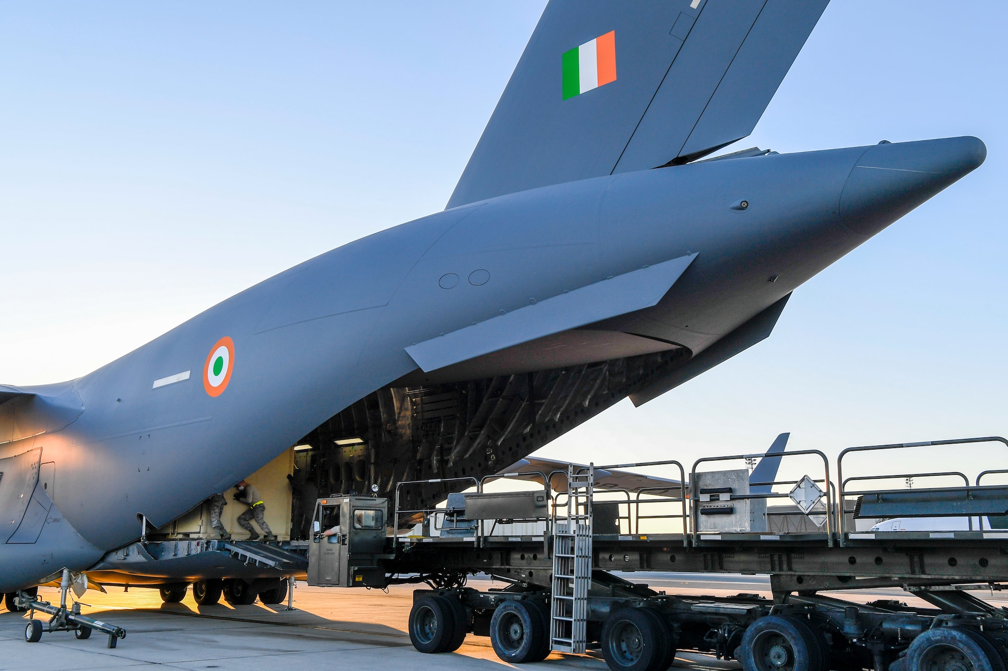 Airmen from the 436th Aerial Port Squadron load cargo onto an Indian air force C-17 Globemaster III at Dover Air Force Base, Delaware, Nov. 20, 2020. The U.S. strengthens its international partnerships through foreign military sales. Dover AFB actively supports $3.5 billion worth of FMS due to its strategic location and 436th Aerial Port Squadron, the largest aerial port in the Department of Defense. As the world’s oldest and largest democracies, the United States and India share a commitment to freedom, human rights and rule of law. (U.S. Air Force photo by Senior Airman Christopher Quail)