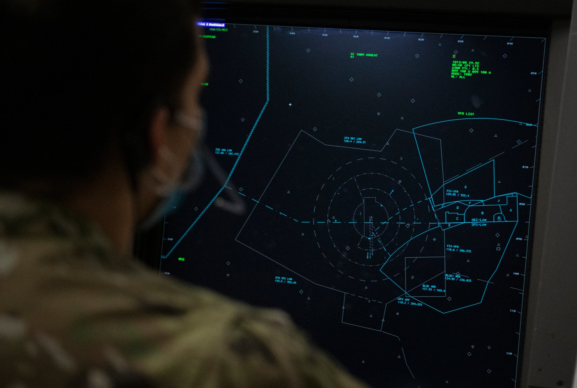 Airman 1st Class Ashtan Howell, 97th Operations Support Squadron Radar Approach Control (RAPCON) air traffic controller, views an airspace radar display screen at Altus Air Force Base, Oklahoma, Jan. 11, 2020. Each base has a different area of responsibility for RAPCON controllers. In Altus, the area stretches approximately 40 miles in each direction of the base and ranges from the ground to 9,000 feet in the air. (U.S. Air Force photo by Senior Airman Breanna Klemm)