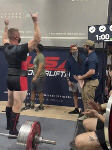 Senior Master Sgt. Michael Lear, Air Force Recruiting Service Strategic Marketing Division superintendent, celebrated breaking the Texas Deadlift state record previously set at 705 pounds by pulling 733 pounds in the 93kg weight class.