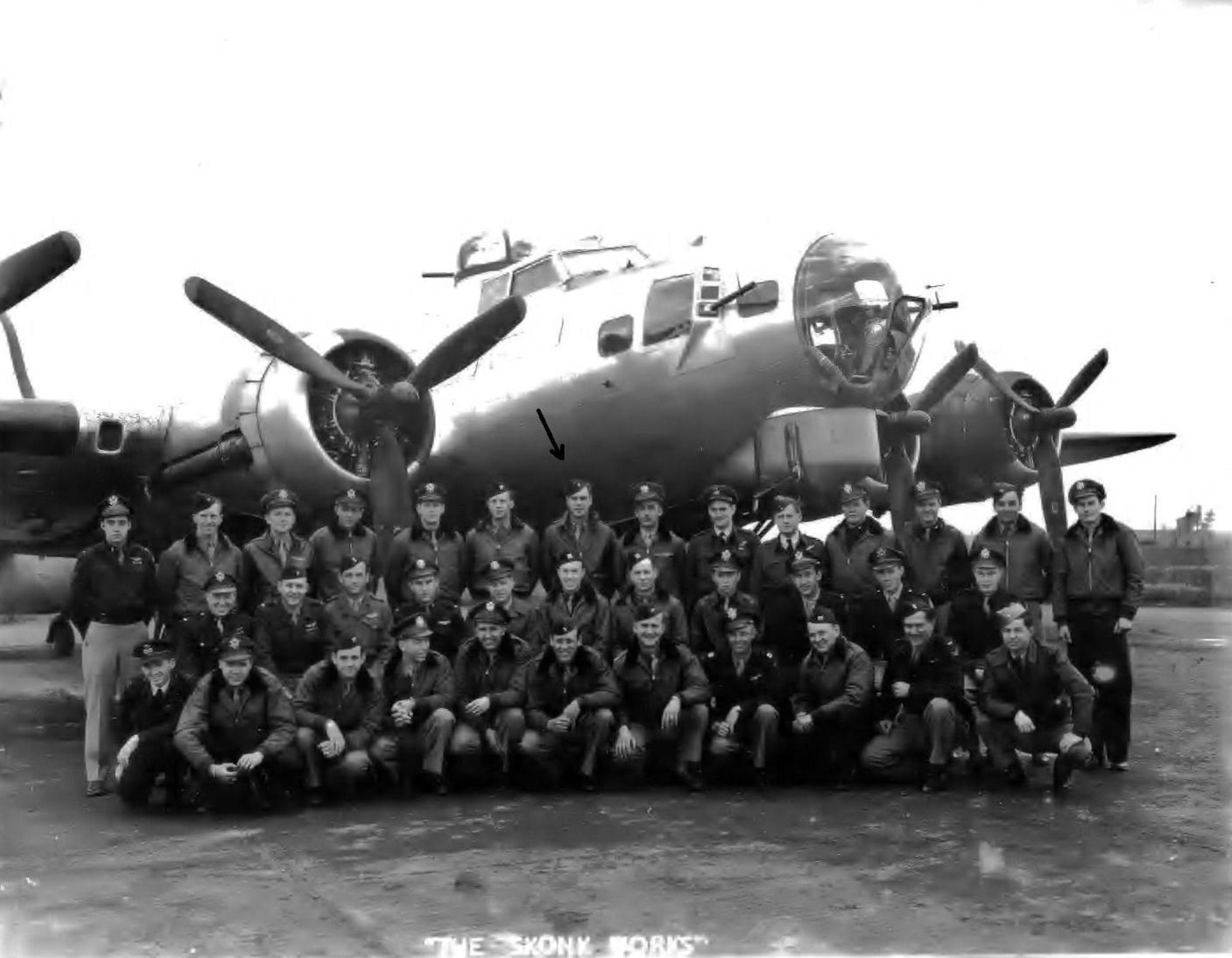 482nd Bombardment Group pilots and crew pose for a group photo at Royal Air Force Alconbury, England, 1944. (Courtesy photo)