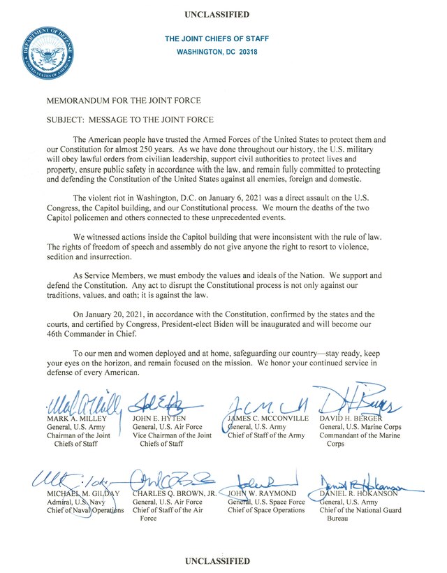 The Joint Chiefs of Staff issued a letter to the Joint Force in response to the Jan. 6, 2021 assault on the U.S. Capitol. They remind us "as Service Members, we must embody the values and ideals of the Nation. We support and defend the Constitution. Any act to disrupt the Constitutional process is not only against our traditions, values, and oath; it is against the law."