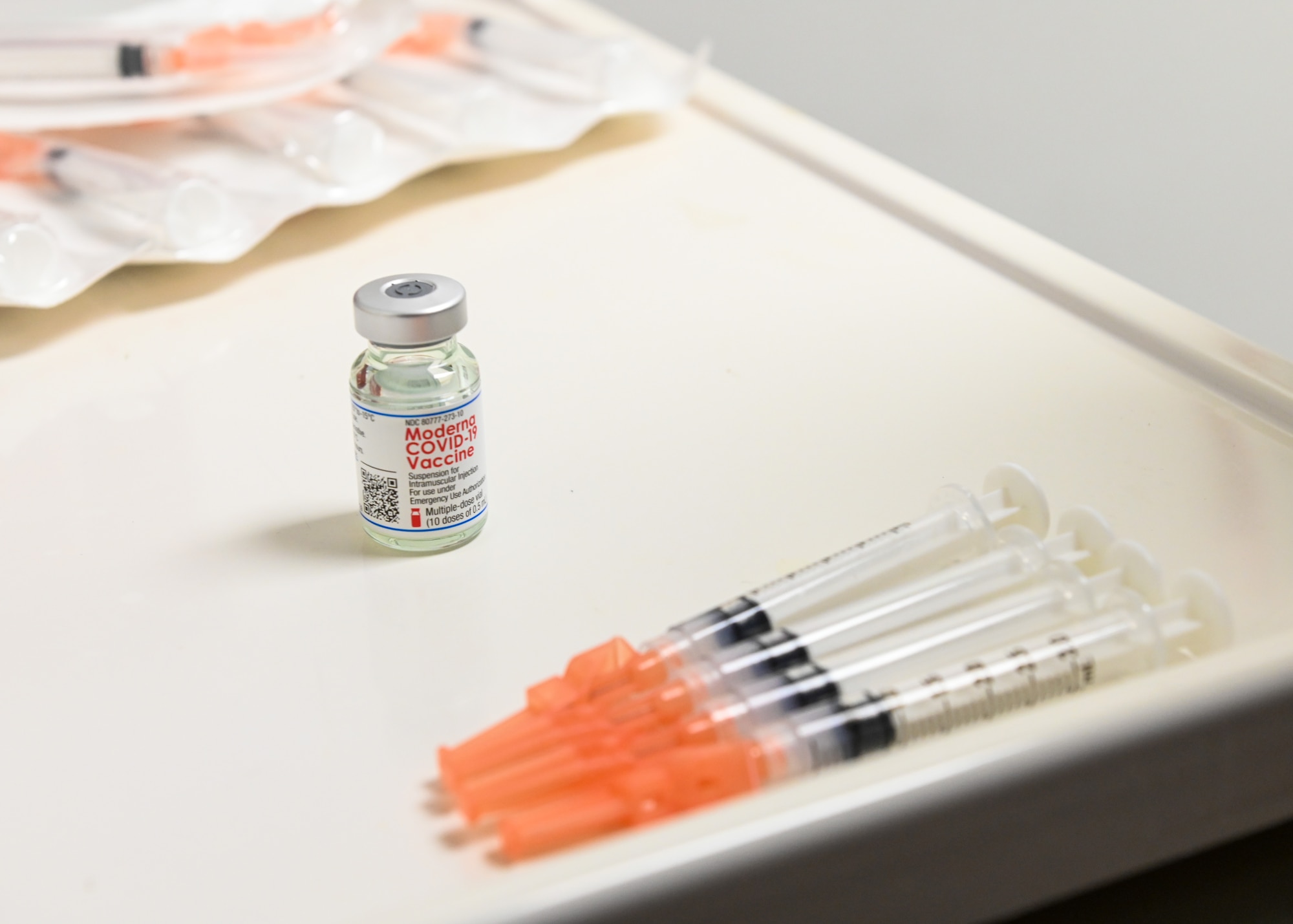 A medical technician assigned to the 115th Fighter Wing, Madison, Wisconsin, prepares to administer COVID-19 vaccines to essential military personnel Jan. 8, 2021. The Wisconsin National Guard was selected for 700 of the Moderna COVID-19 Vaccines by the Department of Defense. (U.S. Air National Guard photo by Senior Airman Cameron Lewis)