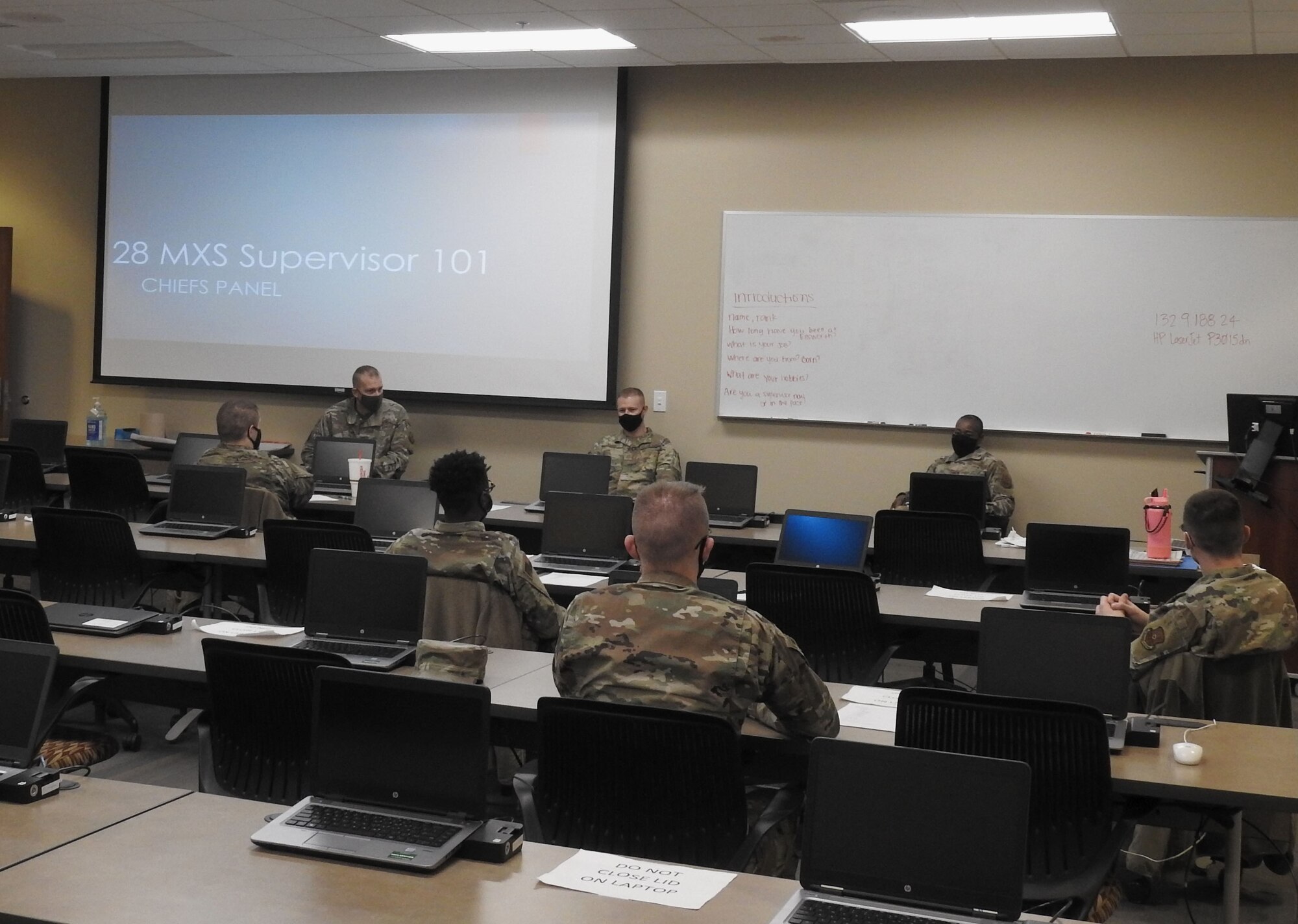 28th Maintenance Squadron Airmen participate in a chief’s panel during a Supervisor 101 course at Ellsworth Air Force Base, S.D., Dec. 7, 2020. Supervisor 101 is a four-day course designed to bridge the gap between the broad scope of leadership taught in Airman Leadership School (ALS) and the narrow scope of supervisory skills necessary to guide maintenance Airmen. (Courtesy photo)