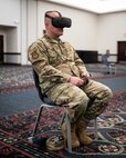 Chief Master Sgt. Anthony Bekoff, 375th Mission Support Group, is one of the first to receive a new suicide prevention training using a virtual reality-based initiative that Air Mobility Command is testing on behalf of the Air Force. Scott AFB is one of two test bases that will provide feedback, and Bekoff said that he thinks Airmen will find this training interesting and useful. (U.S. Air Force photo by 1st Lt. Sam Eckholm)