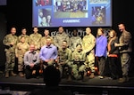 All 2020 AFIMSC Innovation Rodeo teams pose for a group photo with AFIMSC Commander Maj. Gen. Tom Wilcox and AFIMSC Command Chief Master Sgt. Edwin Ludvigsen Feb. 7, 2020.