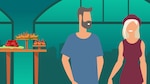 Animated man and woman at a dinner party