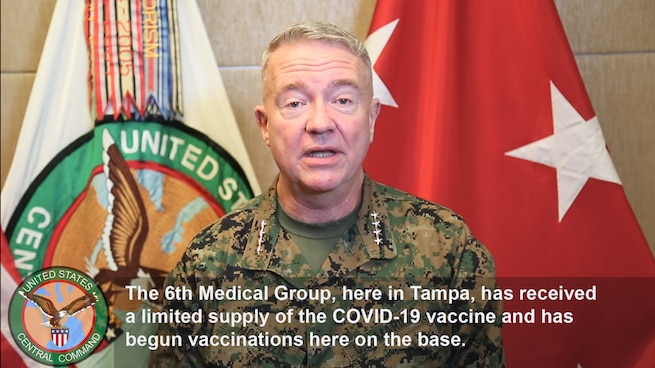 U.S. Marine Corps Gen. Kenneth F. McKenzie Jr., commander, U.S. Central Command and Fleet Master Chief James Herdel, senior enlisted leader, U.S. Central Command provide a COVID-19 vaccine update to command personnel.