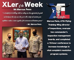 Mr. Marcus Penn,47th Operation Support Group director of inspections, was chosen by wing leadership to be the “XLer of the Week”, the week of Jan. 13, 2021, at Laughlin Air Force Base, Texas. The “XLer” award, presented by Col. Craig Prather, 47th Flying Training Wing commander, and Chief Master Sgt. Robert L. Zackery III, 47th Flying Training Wing command chief master sergeant, is given to those who consistently make outstanding contributions to their unit and the Laughlin mission. (U.S. Air Force Graphic by Airman 1st Class David Phaff)