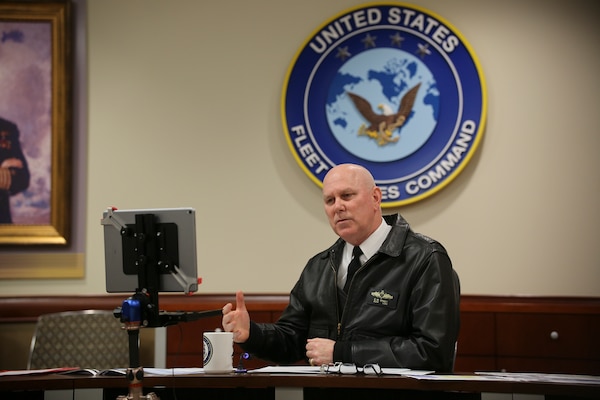 Adm. Christopher W. Grady, commander, U.S. Fleet Forces Command, speaks during a virtual keynote address at the Surface Navy Association’s 33rd National Symposium onboard Naval Support Activity (NSA) Hampton Roads.