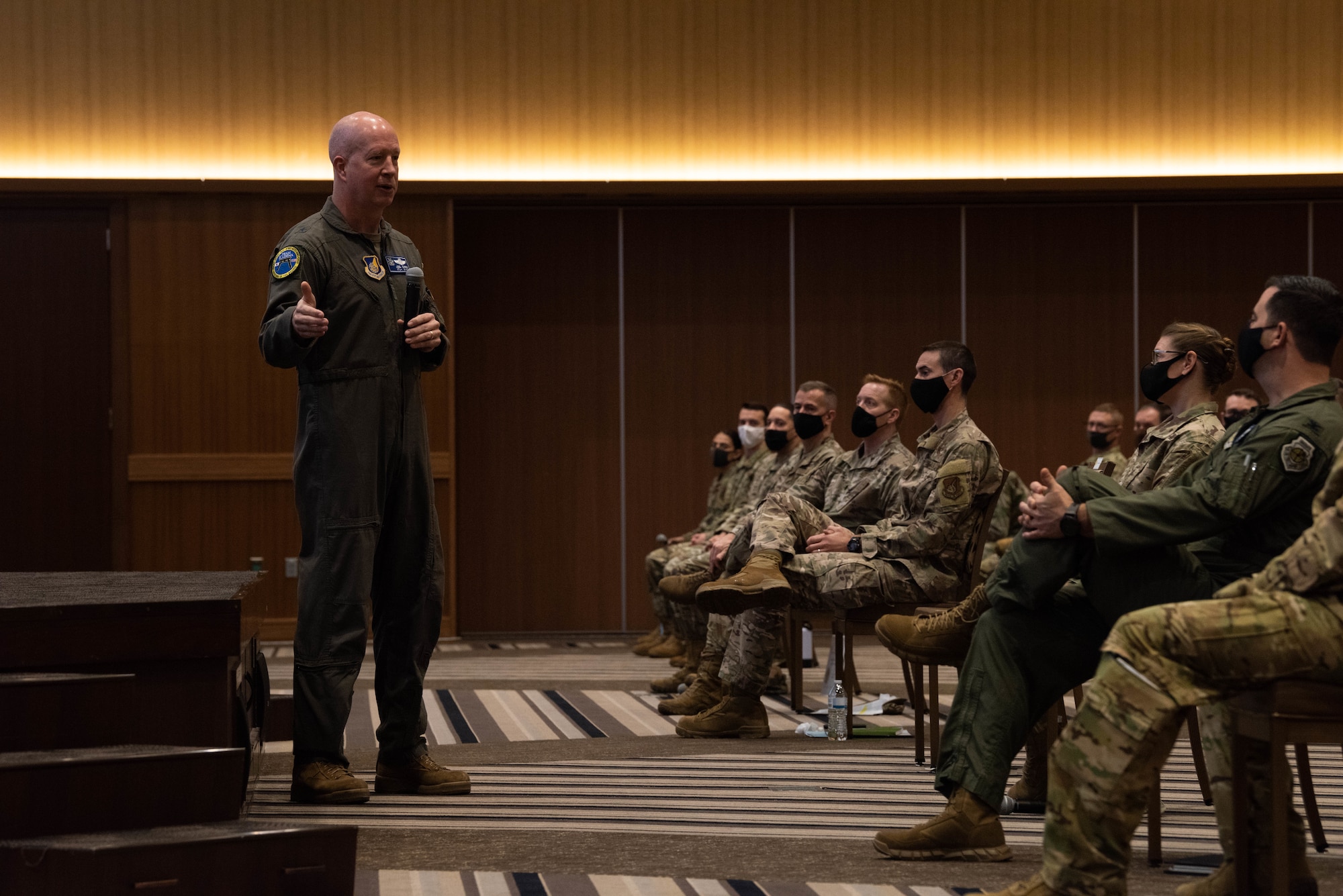 Brig. Gen. Joel L. Carey, the 18th Wing commander, speaks to Airmen during an all-call at Kadena Air Base, Japan, Jan 7, 2021.  The all-call discussed resiliency, COVID, and pressing issues concerning the base. (U.S. Air Force Photo by Airman 1st Class Stephen Pulter)