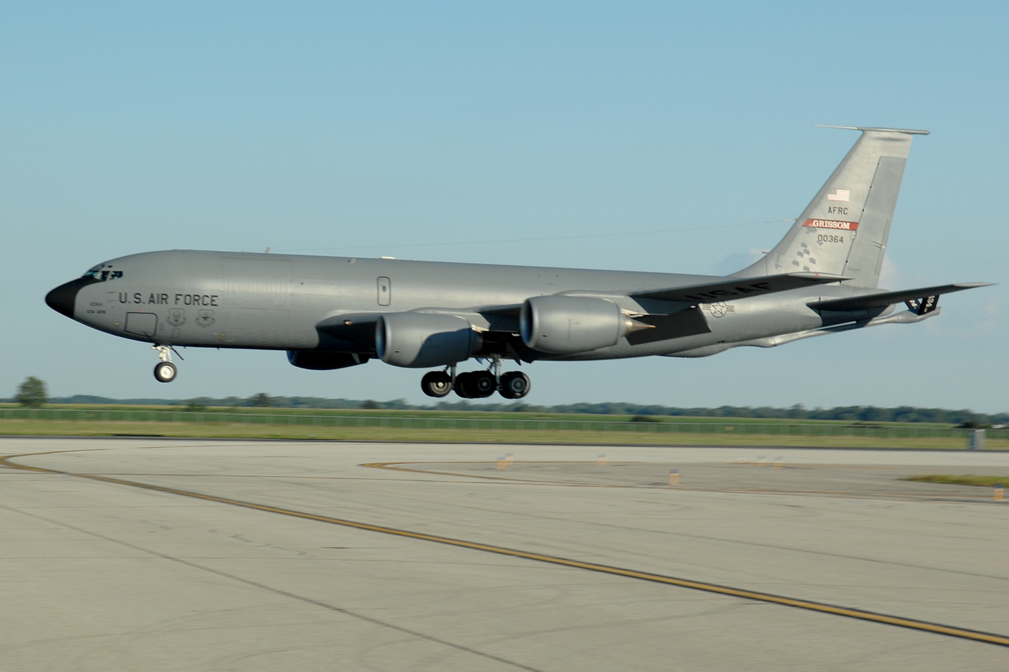 A Grissom KC-135R Stratotanker comes in for a landing at Grissom Air Reserve Base, Indiana.