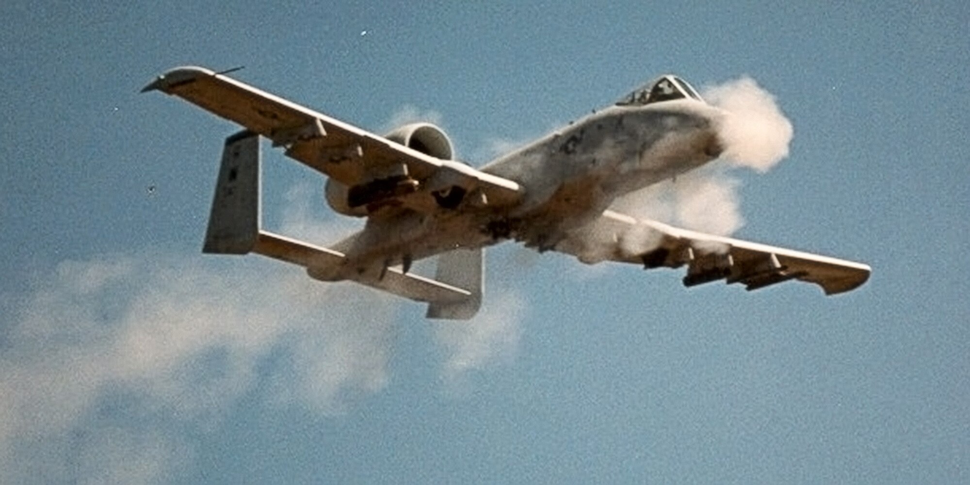 A 930th Tactical Fighter Group A-10 Thunderbolt II fires during a training run at Camp Atterbury, Indiana in 1994. The 434th ARW and the 930th Tactical Fighter Group merged to form the first ever reserve composite wing, consisting of KC-135 and A-10 aircraft.