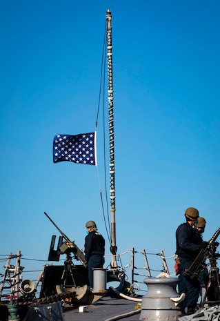 210112-N-BM428-0002 ROTA, Spain (Jan. 12, 2021) Sailors stand watch as the Arleigh Burke-class guided-missile destroyer USS Porter (DDG 78) departs Rota, Spain for its ninth Forward-Deployed Naval Forces-Europe (FDNF-E) patrol, Jan. 12, 2021. Porter, forward deployed to Rota, Spain, is on its ninth patrol in the U.S. 6th fleet area of operations in support of U.S. national security interests in Europe and Africa.