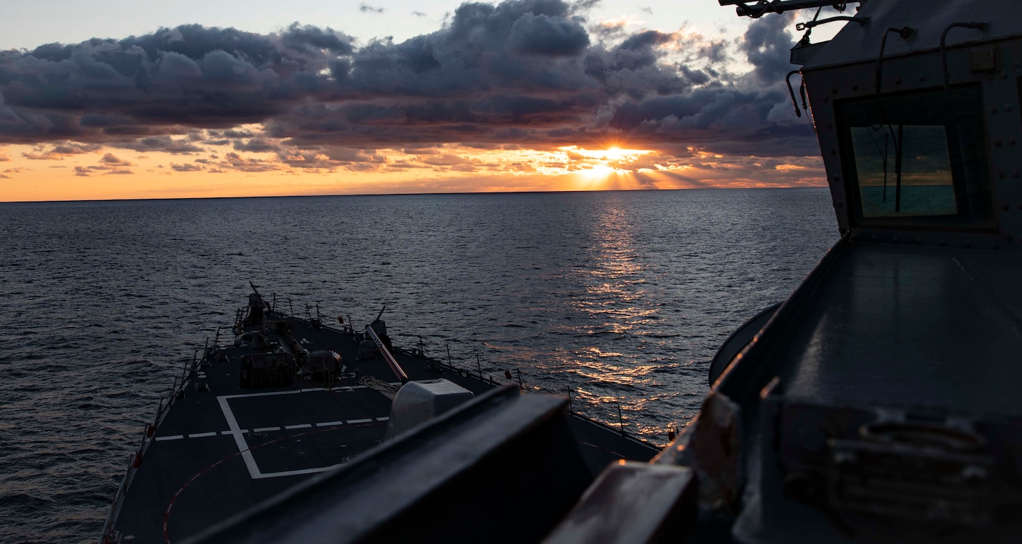 210112-N-BM428-0024 ROTA, Spain (Jan. 12, 2021) The Arleigh Burke-class guided-missile destroyer USS Porter (DDG 78) transits the Bay of Cadiz after departing from Rota, Spain for its ninth Forward-Deployed Naval Forces-Europe (FDNF-E) patrol, Jan. 12, 2021. Porter, forward deployed to Rota, Spain, is on its ninth patrol in the U.S. 6th fleet area of operations in support of U.S. national security interests in Europe and Africa.